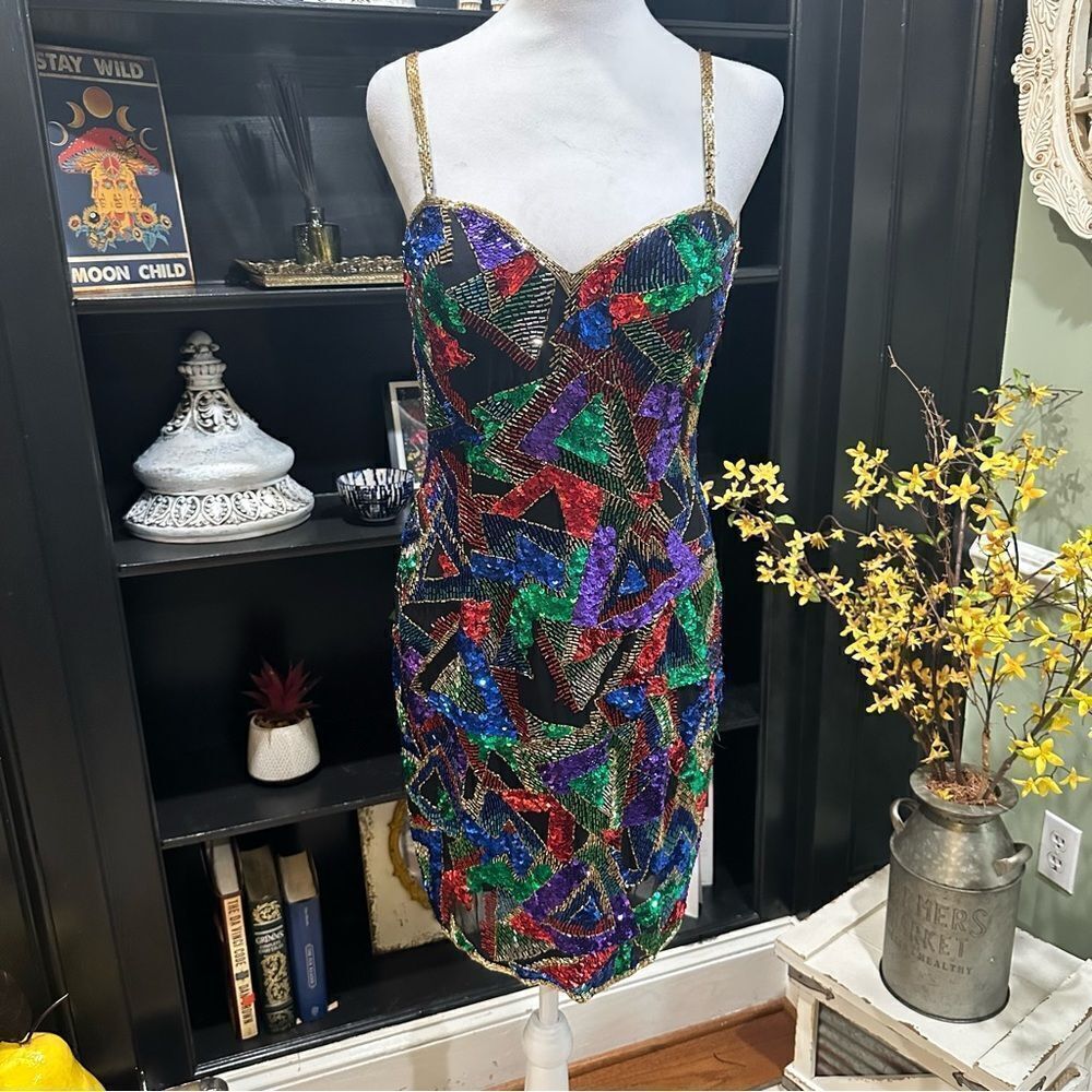 Vintage Lime “Nite” Full‑Sequin Mini Dress – Size 4 – Retro 90s Glam